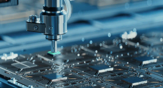 A precision robotic arm places microchips on a circuit board in a clean, high-tech manufacturing environment, conveying efficiency and advanced technology.