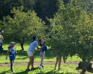 A woman assists a child in using a pole to pick apples from a tree in a sunny orchard. Two other children stand nearby, wearing scout uniforms.