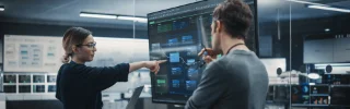 Two people discussing data on a digital display in a modern office. One points at the screen, suggesting collaboration and focus.