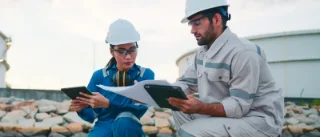 Two engineers in safety gear discuss plans at an industrial site. They study documents and a tablet, conveying focus and teamwork.
