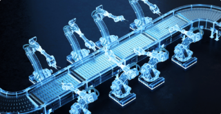 Automated smart factory assembly line with robotic arms and conveyor system, illustrating digital twin technology, industrial automation, and Industry 4.0 innovation.