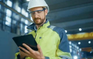 Male engineer in a hard hat and safety glasses uses a tablet in a modern industrial facility. Focused expression, wearing a high-visibility jacket.