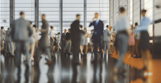 People moving through a bright, modern space