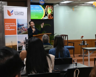 A speaker presenting during the Mainstreaming ESG in PPP Projects, a roundtable hosted by the Dutch Chamber of Commerce in the Philippines.