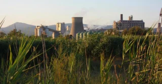Industrial plant with smokestacks and cooling towers behind tall grass and reeds at sunset. Mountains in the background, smoke rising, serene yet industrial.