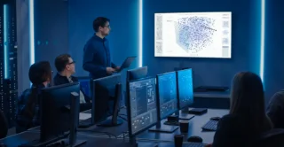 A man presents data visualizations on a large screen in a dimly lit control room. Several people watch from desks with multiple monitors, suggesting a tech-focused environment.