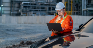 Industrial engineer using laptop at construction or industrial site.