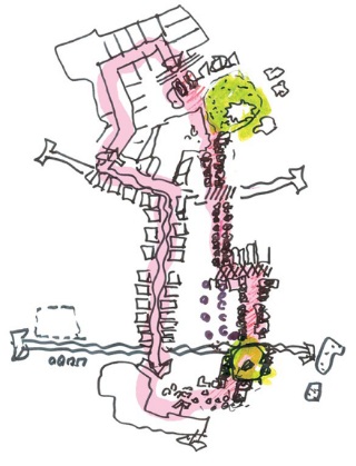 Concept sketch of pedestrian flow and park connections in urban layout.