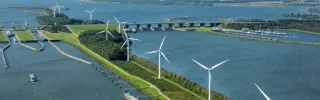 Aerial view of wind turbine farm at the Hellegatsplein, The Netherlands.